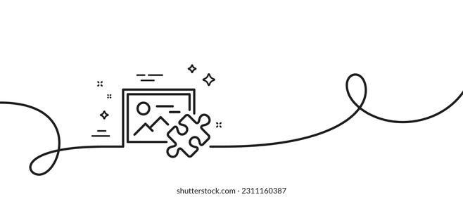 Puzzle image line icon. Continuous one line with curl. Jigsaw piece with photo sign. Business challenge symbol. Puzzle image single outline ribbon. Loop curve pattern. Vector