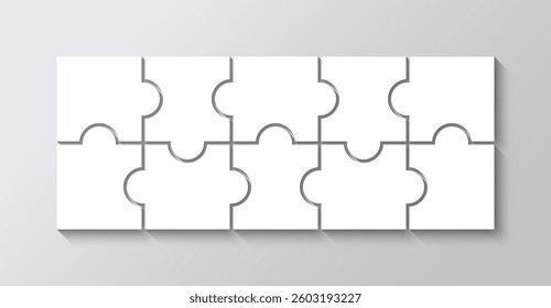Puzzle info graphic with 10 pieces. Rectangle business presentation infographic. Jigsaw grid template. Parts of process diagram. Business presentation for infographics. Vector illustration