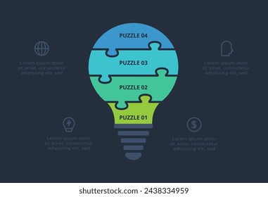 Puzzle infographic with 4 elements, presentations, vector illustration. Template for web on a black background.