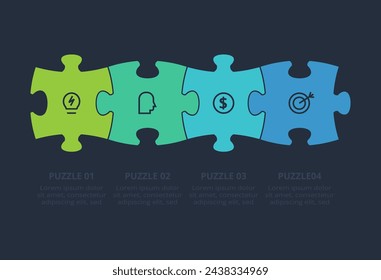 Puzzle infographic with 4 elements, presentations, vector illustration. Template for web on a black background.