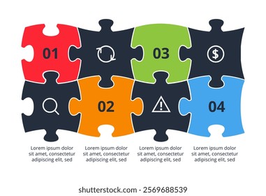 Puzzle infographic with 4 elements, presentations, vector illustration. Template for web