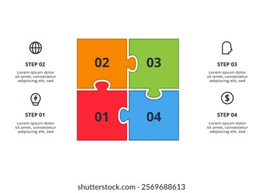 Puzzle infographic with 4 elements, presentations, vector illustration. Template for web