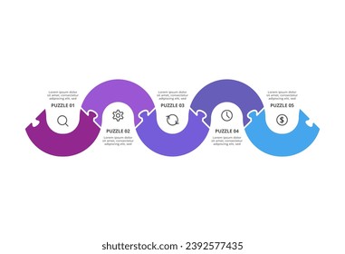 Puzzle infographic with 5 elements, presentations, vector illustration. Template for web