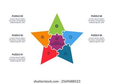 Puzzle infographic with 5 elements, presentations, vector illustration. Template for web