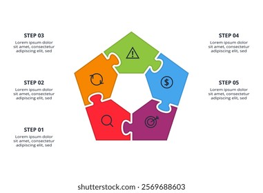 Puzzle infographic with 5 elements, presentations, vector illustration. Template for web