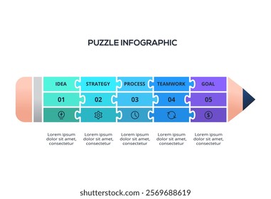 Puzzle infographic with 5 elements, presentations, vector illustration. Template for web