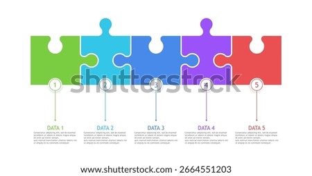 Puzzle infographic with 5 steps. Infographic design template made by color jigsaw puzzle pieces. Vector illustration.