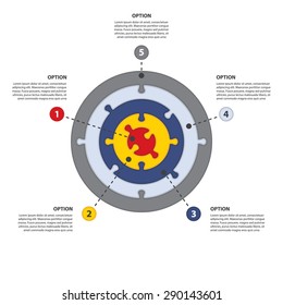 Puzzle Infographic - 5 Turned Concentric Circles - Vector Presentation Template, On A White Background