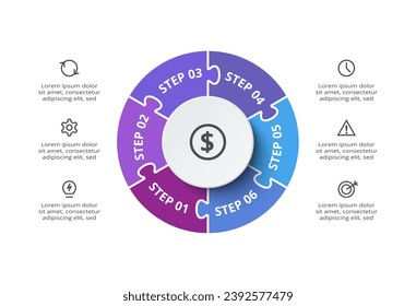 Puzzle infographic with 6 elements, presentations, vector illustration. Template for web