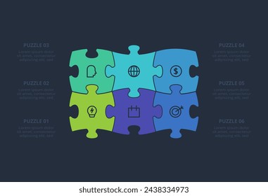 Infografía del rompecabezas con 6 elementos, presentaciones, ilustración vectorial. Plantilla para web sobre fondo negro.