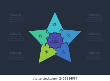 Puzzle-Infografik mit 6 Elementen, Präsentationen, Vektorgrafik. Vorlage für Web auf schwarzem Hintergrund.