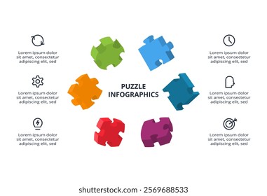 Puzzle infographic with 6 elements, presentations, vector illustration. Template for web