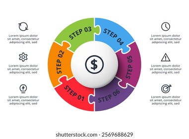 Puzzle infographic with 6 elements, presentations, vector illustration. Template for web