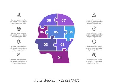 Puzzle infographic with 8 elements, presentations, vector illustration. Template for web