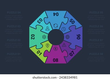 Puzzle infographic with 8 elements, presentations, vector illustration. Template for web on a black background.