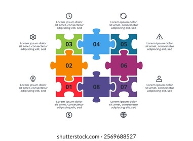 Puzzle infographic with 8 elements, presentations, vector illustration. Template for web