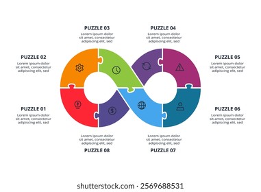 Puzzle infographic with 8 elements, presentations, vector illustration. Template for web