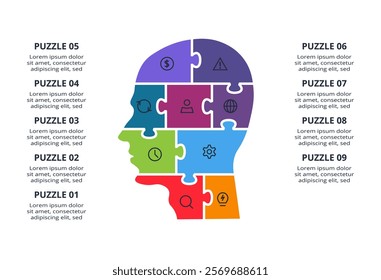 Puzzle infographic with 9 elements, presentations, vector illustration. Template for web