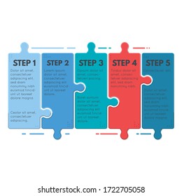 Puzzle infographic business concept. Template for business project presentation. Diagram with five puzzle pieces connected to each other. Modern line vector. Tall puzzle pieces.