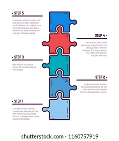 Puzzle infographic bussines concept. Template for business project presentation. Diagram with five puzzle pieces connected to each other. Modern line vector.
