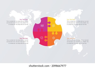 Puzzle infographic circle with 4 steps, options, pieces. Four-part cycle chart