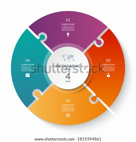 Puzzle infographic circle with 4 steps, options, pieces. Four-part cycle chart. Can be used for diagram, graph, report, presentation, web design.
