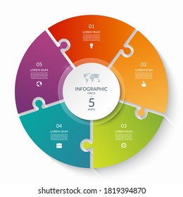 Puzzle Infographic Circle With 5 Steps, Options, Pieces. Five-part Cycle Chart. Can Be Used For Diagram, Graph, Report, Presentation, Web Design.