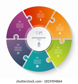 Puzzle infographic circle with 6 steps, options, pieces. Six-part cycle chart. Can be used for diagram, graph, report, presentation, web design.