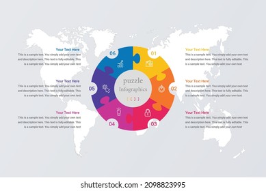Puzzle infographic circle with 6 steps, options, pieces. Six-part cycle chart
