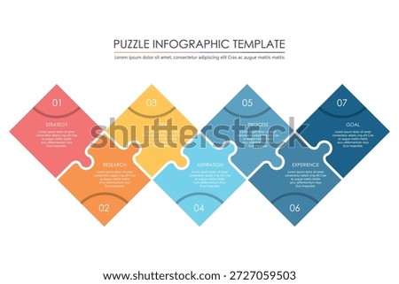 puzzle infographic design with 7 step, graph to describe the steps