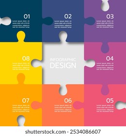 Quebra-cabeça infográfico com a apresentação de negócios de oito peças. Infográfico do círculo. Diagrama de processo redondo de quebra-cabeça de 8 etapas.