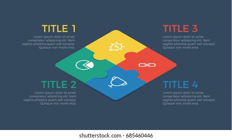 puzzle infographic element vector with four number options, dark theme, use for step, workflow, diagram, banner, process, business presentation template, web design, timeline.