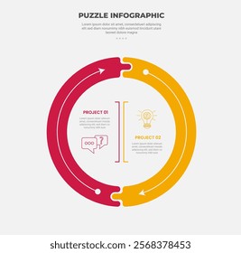 puzzle infographic outline style with 2 point template with big circle thick outline arrow circular direction for slide presentation vector