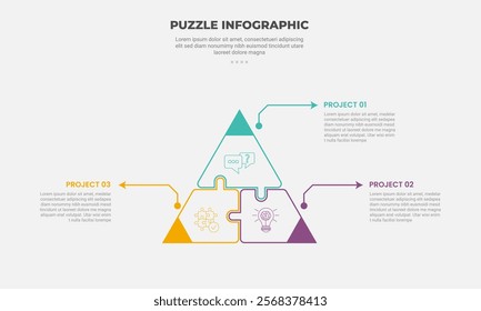 puzzle infographic outline style with 3 point template with triangle base structure with arrow line for slide presentation vector