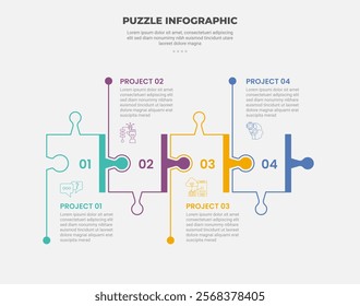 puzzle infographic outline style with 4 point template with square box on horizontal direction for slide presentation vector