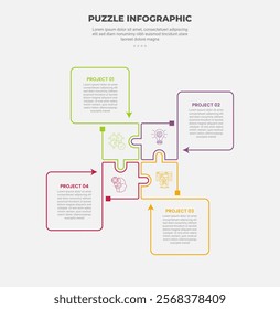 puzzle infographic outline style with 4 point template with square base shape matrix and expanding arrow line box for slide presentation vector
