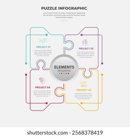 puzzle infographic outline style with 4 point template with square matrix box with circle on center for slide presentation vector