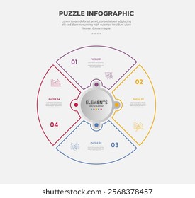 puzzle infographic outline style with 4 point template with big circle pie chart with circle center and dot connection for slide presentation vector
