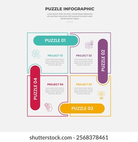 puzzle infographic outline style with 4 point template with square box matrix with round rectangle connection for slide presentation vector