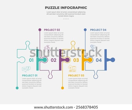 puzzle infographic outline style with 4 point template with square box on horizontal direction for slide presentation vector