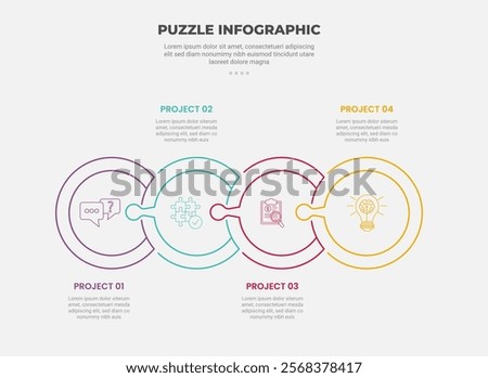 puzzle infographic outline style with 4 point template with outline circle on horizontal direction for slide presentation vector