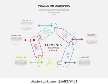 puzzle infographic outline style with 5 point template with round rectangle shape circular on center with arrow line pointer for slide presentation vector