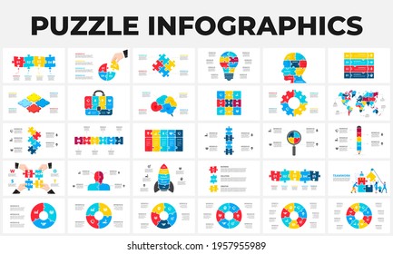 Puzzle infographic set. Bundle templates for data visualization. Light bulb, human head, suitcase, brain, rocket, pencil, map and magnifier elements for presentation.