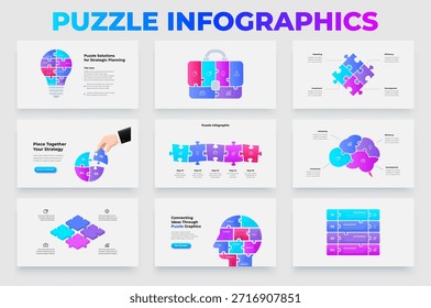 Puzzle Infographic Set with Light Bulb, Brain, Briefcase, Process Blocks and Strategy Diagrams for Business Presentation Template.