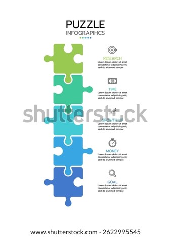 Puzzle infographic template showcasing five vertically stacked puzzle pieces in a gradient from light green to dark blue. Each piece is connected to a text box with a corresponding color and label.