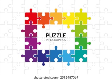 Puzzle infographics with 14 pieces. Jigsaw business chain infographic. Process diagram presentation. Vector illustration.