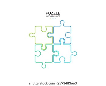 Puzzle infographics. 4 pieces jigsaw outline grid. Thinking game with separate shapes. Simple mosaic layout. Modern puzzle background. Laser cut frame. Vector illustration.