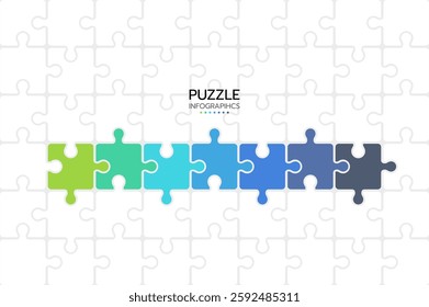 Puzzle infographics with 7 pieces. Jigsaw business chain infographic. Process diagram presentation. Vector illustration.