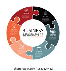 Puzzle infographics circle design template with options. vector illustration in flat style modern design. Can be used for process, presentations, layout, banner. 6 steps infographics element.