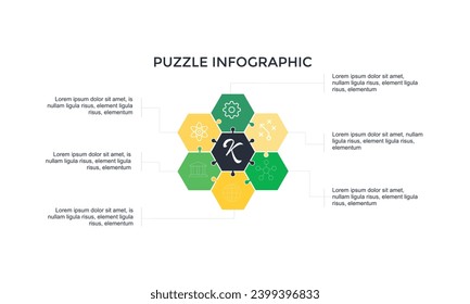 Puzzle infographics template with 6 options or steps processes for presentation, process, banner, graph. vector illustration